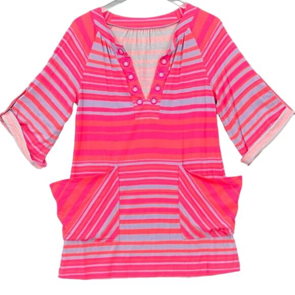 Nanette Lepore Dresses & Skirts - Nanette Lepore Swim Barbie Hot Pink Pastel Lilac Striped Tunic Dress Coverup Top